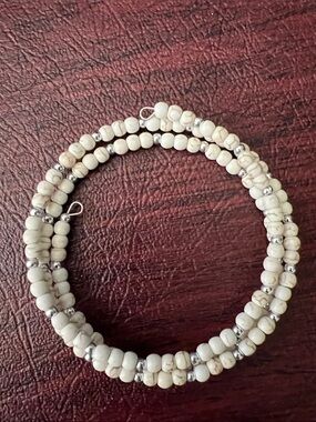 White Beaded Coil Bracelet with Silver Accents